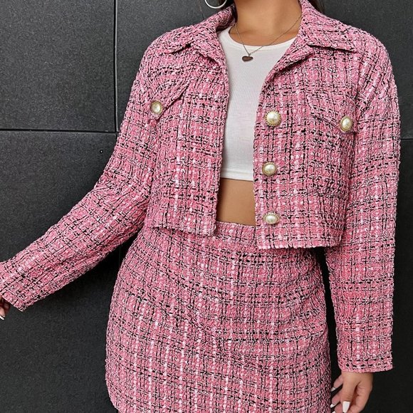 MODA ME COUTURE Jackets & Blazers - PLUS Womens Plaid Tweed Jacket & Skirt Pink